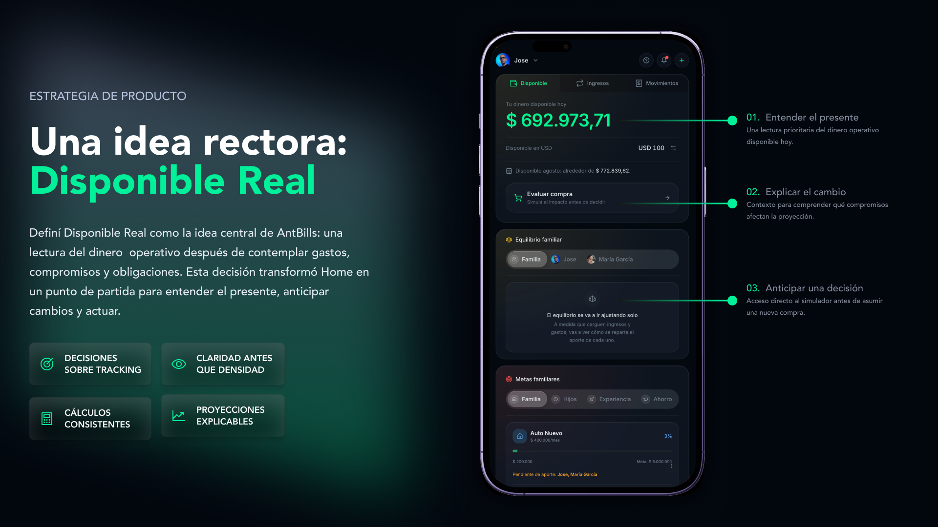 AntBills: plataforma de finanzas familiares para decisiones futuras · Página 04 — Una idea rectora Disponible Real