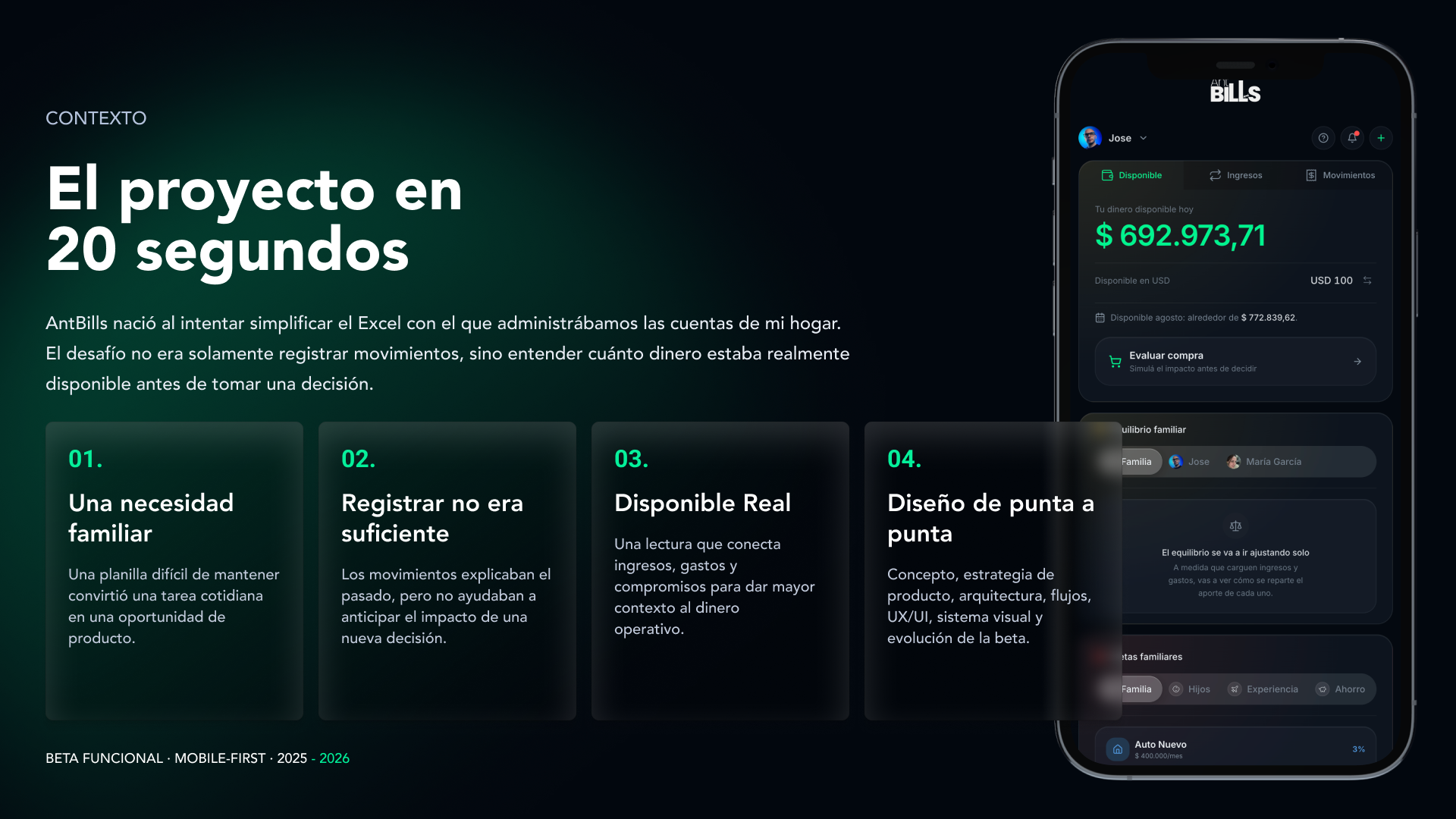 AntBills: plataforma de finanzas familiares para decisiones futuras · Página 02 — El proyecto en 20 segundos